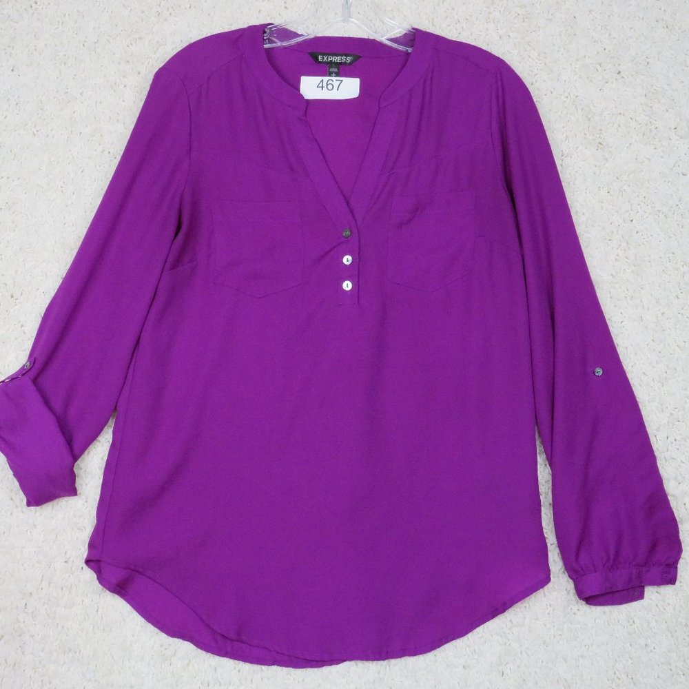 Express* Women's Long Sleeve‎ Curved Hem Split Neck 1/4 Button Down Blouse~ SP